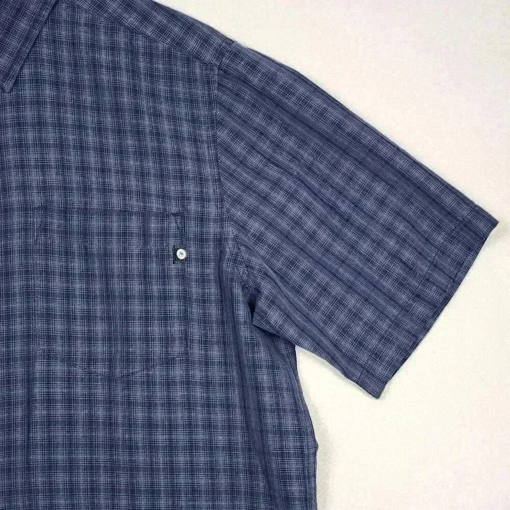 Marmot Men's Button Up Shirt Med. Short Sleeve Blue Plaid Side Split Relaxed - Picture 5 of 16